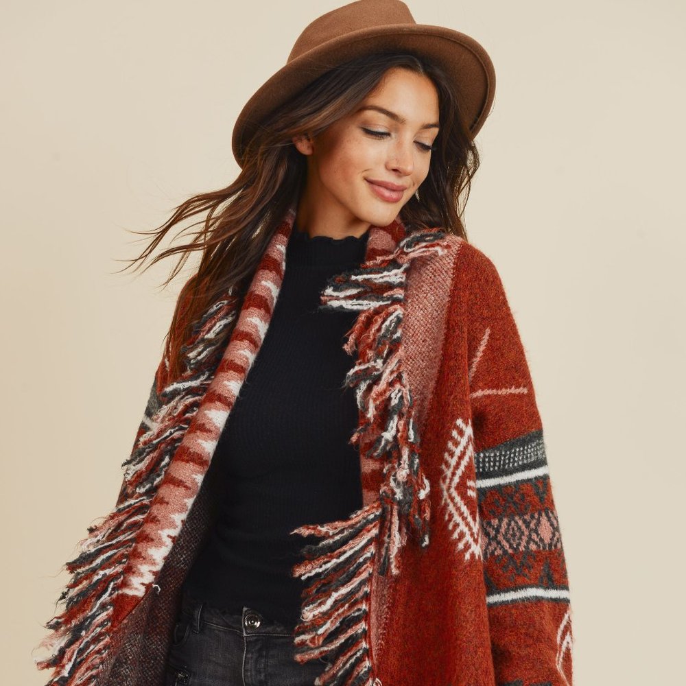 TRIBAL FRINGE DETAIL KNIT RETRO CARDIGAN